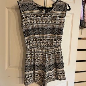 Geometric Print Black and Cream Romper with Lace Back